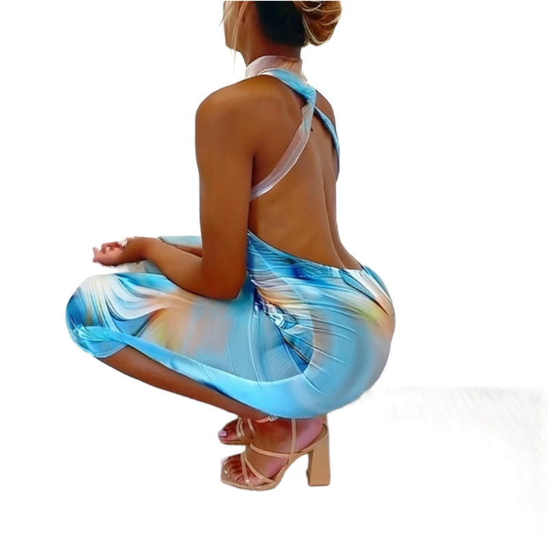 Sexy Backless And Off-Shoulder Printed Sleeveless Dress For Women