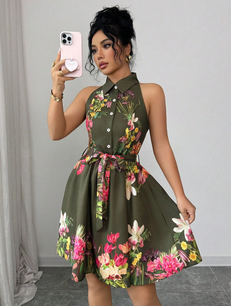 Women's Casual Printed Waist-Cinching Halter-Neck Lace-Up Dress
