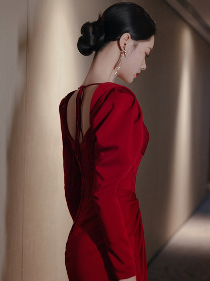 Fishtail Square Collar Long Sleeve Design Simple Satin Evening Dress