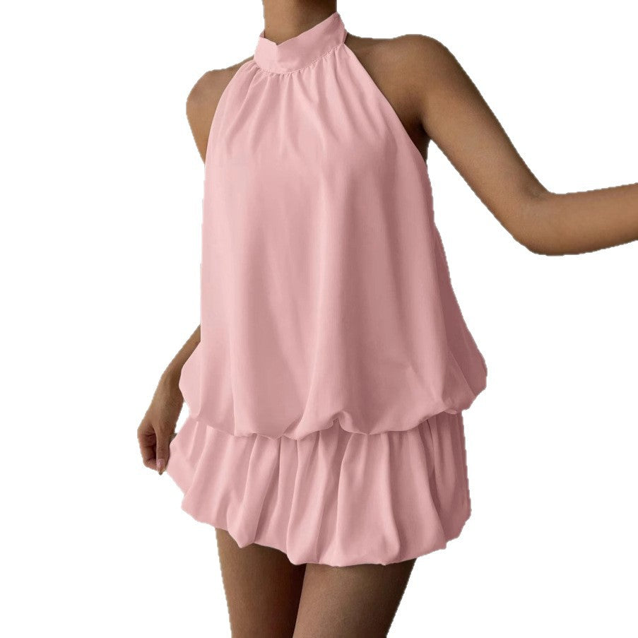 Women's Solid Color Halter Neck Off-Shoulder Dress