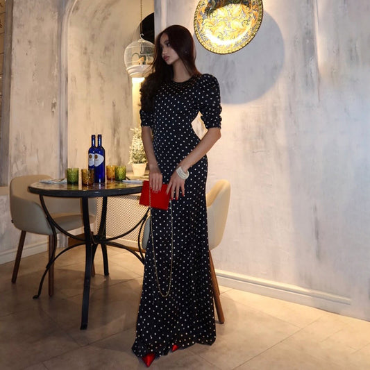 Round Neck Polka Dot Sexy Backless Long Sleeve Mermaid Dress For Women