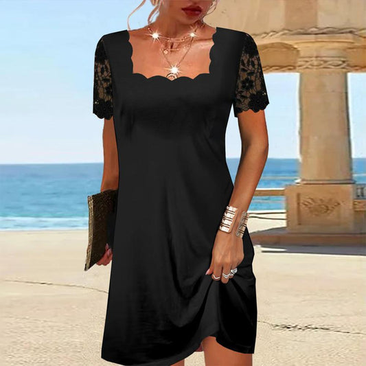 Fashionable Short-sleeve Square-neck Dress With Lace Trim
