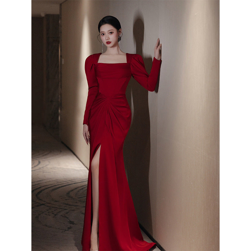 Fishtail Square Collar Long Sleeve Design Simple Satin Evening Dress