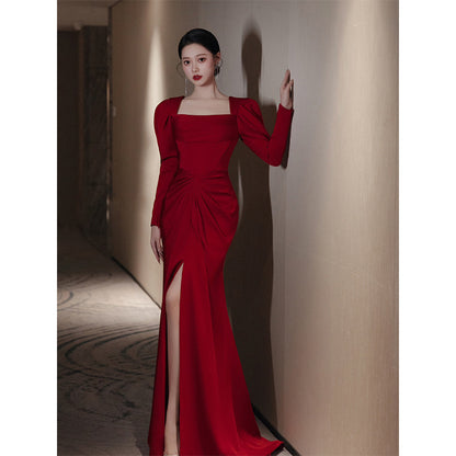 Fishtail Square Collar Long Sleeve Design Simple Satin Evening Dress