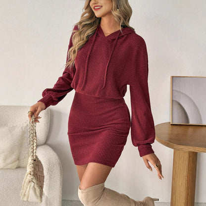 Women's Solid-Color Loose-Fit Hooded Long-Sleeve Casual Dress