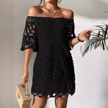 Women's Solid Color Tube Top One Shoulder Hollow Lace Dress