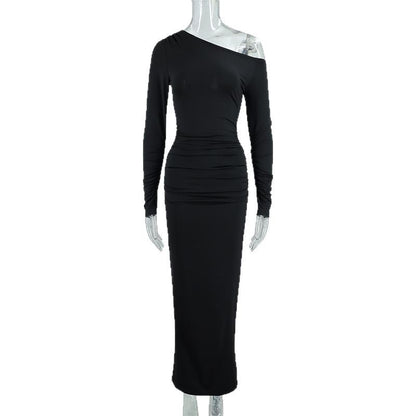 Women's OffshoulderLong-sleeve Figurehugging Pleated Maxi Dress