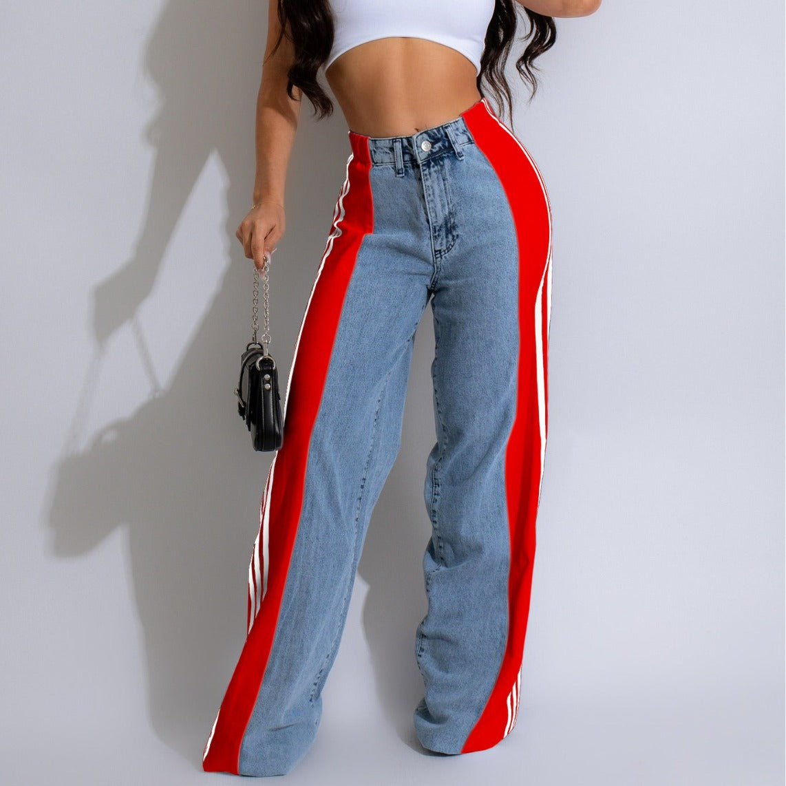 2025 Fashion Casual High Waist Elastic Straight Leg Trousers Three Stripe Patchwork Denim Wide Leg Pants Streetwear