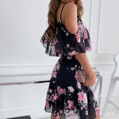 Flower Printed Ruffled Suspender Dress Summer Off-the-shoulder Strap Dresses Women