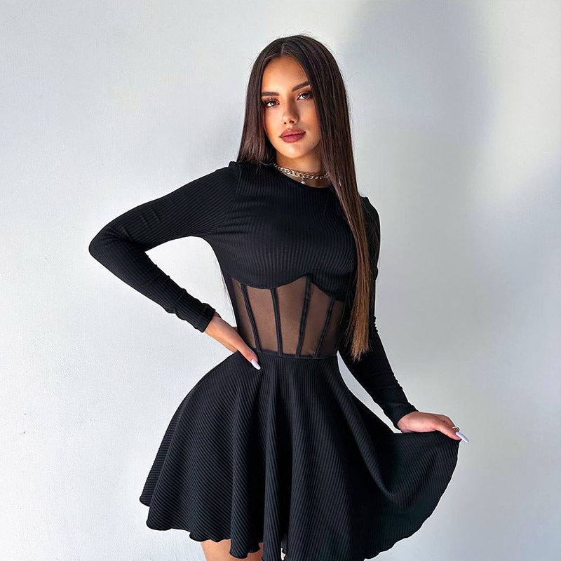 Women's Semi-high Collar Long Sleeve Fashion Mesh Spliced Fishbone Waist Short Dress