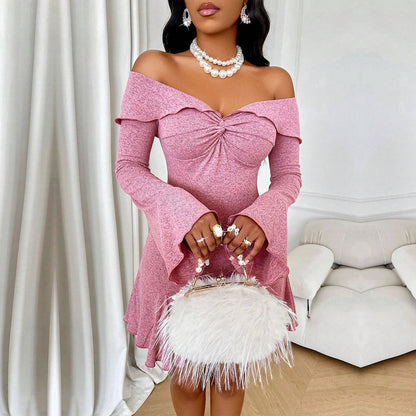 Autumn And Winter New Women's Sexy Off-shoulder Bell Sleeve Short Party Dress