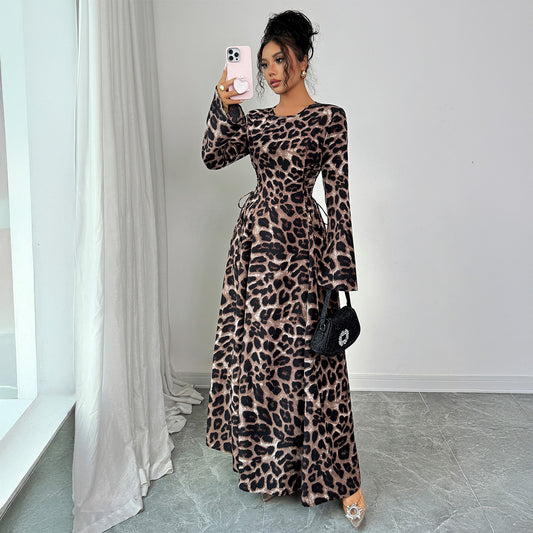 French Leopard Print Long Sleeve Dress Women