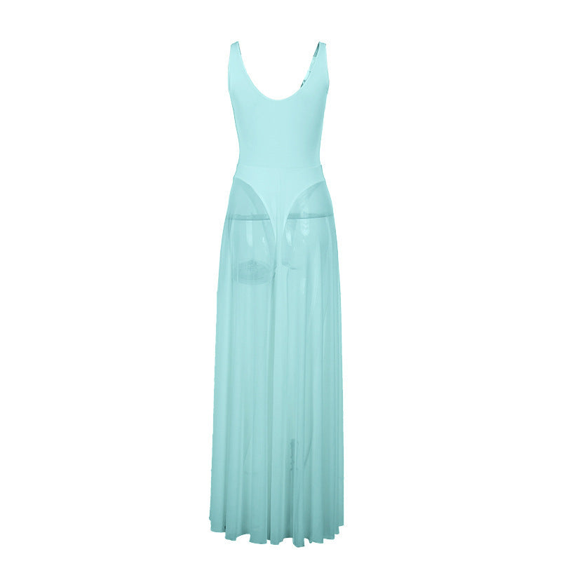 Women's Solid-Color Elegant Resort Bodycon Mesh A-Line Dress