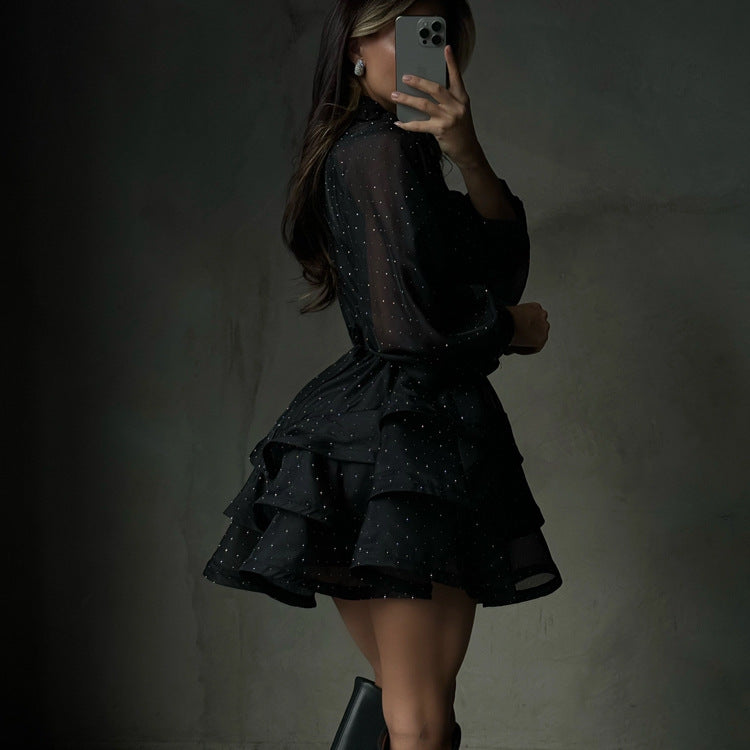 Fashionable Black A-line Dress With Diamond Embellishments, Lapel Collar, Long Sleeves, And High Waist