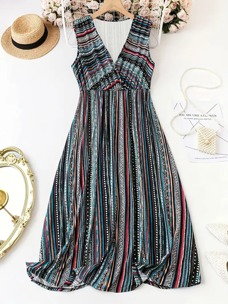 Striped Print V-neck Sleeveless Dress