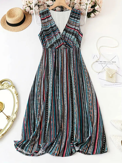 Striped Print V-neck Sleeveless Dress