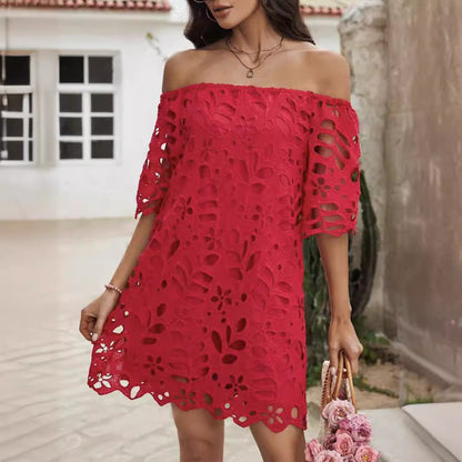 Women's Solid Color Tube Top One Shoulder Hollow Lace Dress