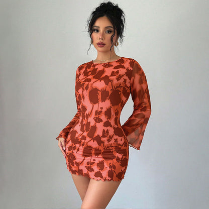 Autumn And Winter New Sexy Backless Mesh Print Long Sleeve Bodycon Dress