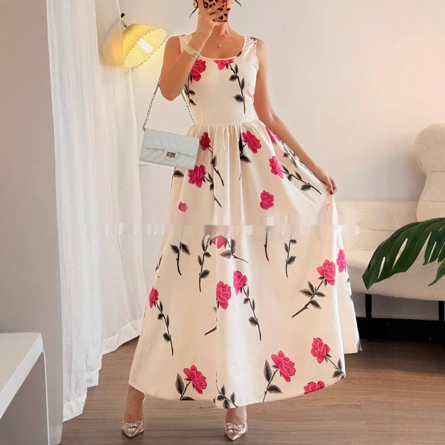 Women's Floral Print Square-Neck Sleeveless Elegant Dress