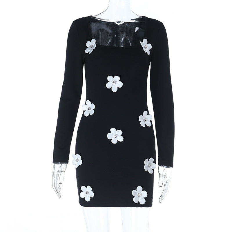 Autumn And Winter New Sexy Babe 3D Floral Long Sleeve Dress