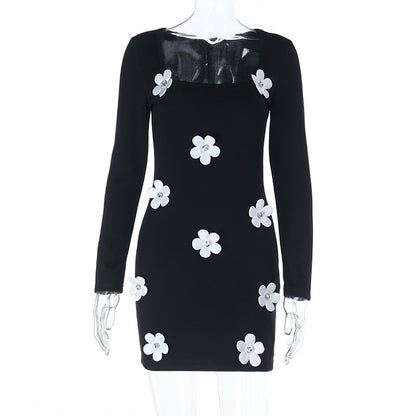 Autumn And Winter New Sexy Babe 3D Floral Long Sleeve Dress