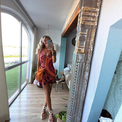 Sexy Positioning Print Strappy Backless Cross Dress