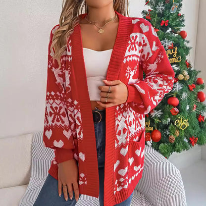 2025 Christmas Clothes Women's Open Front Cardigan Knitwear Lantern Sleeve Xmas Printed Oversized Deer Sweater Pockets Knitted