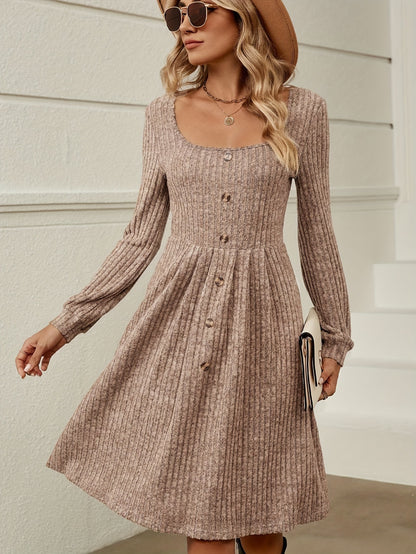Women's Casual Fashion Loose Solid-Color Ribbed Long-Sleeve Dress
