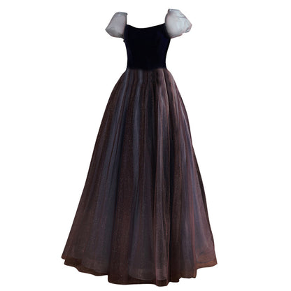 Blue Bubble Sleeve Dress Banquet Evening Dress Toast Dress