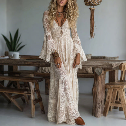 European Size Elegant V-neck High-waist Lace Trim Casual Long Sleeve Dress