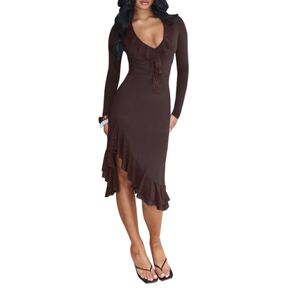 European And American Style Ruffled Long Sleeve Dress