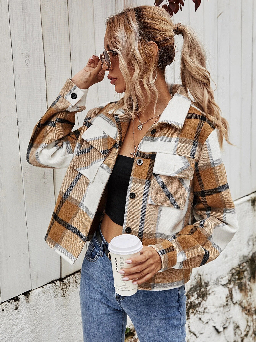 Single-breasted Woolen Plaid Short Coat Women