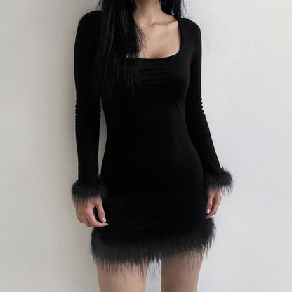 Women's Solid-color Knitted Waist-cinching Long-sleeve Dress