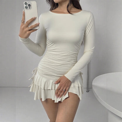 Women's Solid-Color Long-Sleeve Drawstring Fashion Short Dress