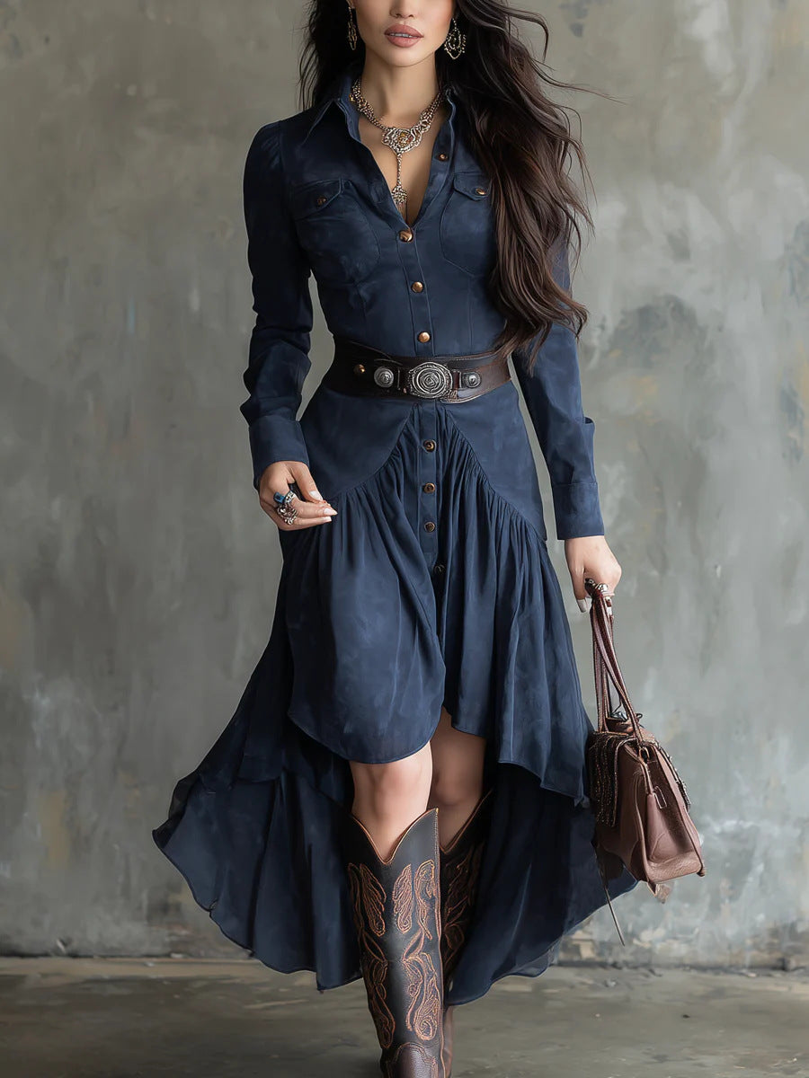 French Suede High-waisted Flare Cake Maxi Skirt With Belt