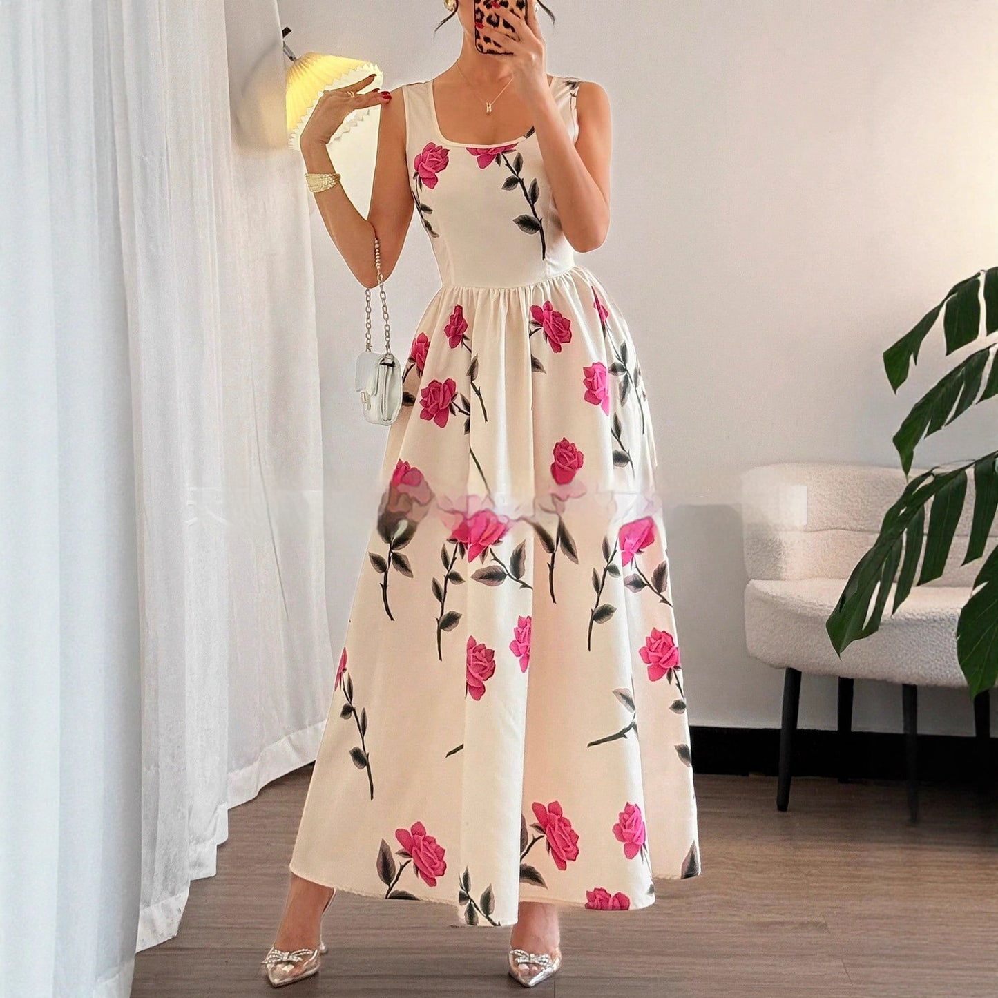 Women's Floral Print Square-Neck Sleeveless Elegant Dress