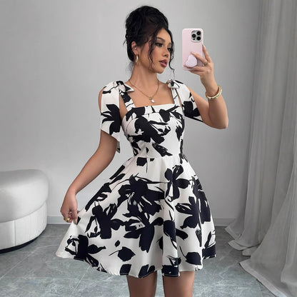 Fashion Ruffled Square Neck All-over Print Dress