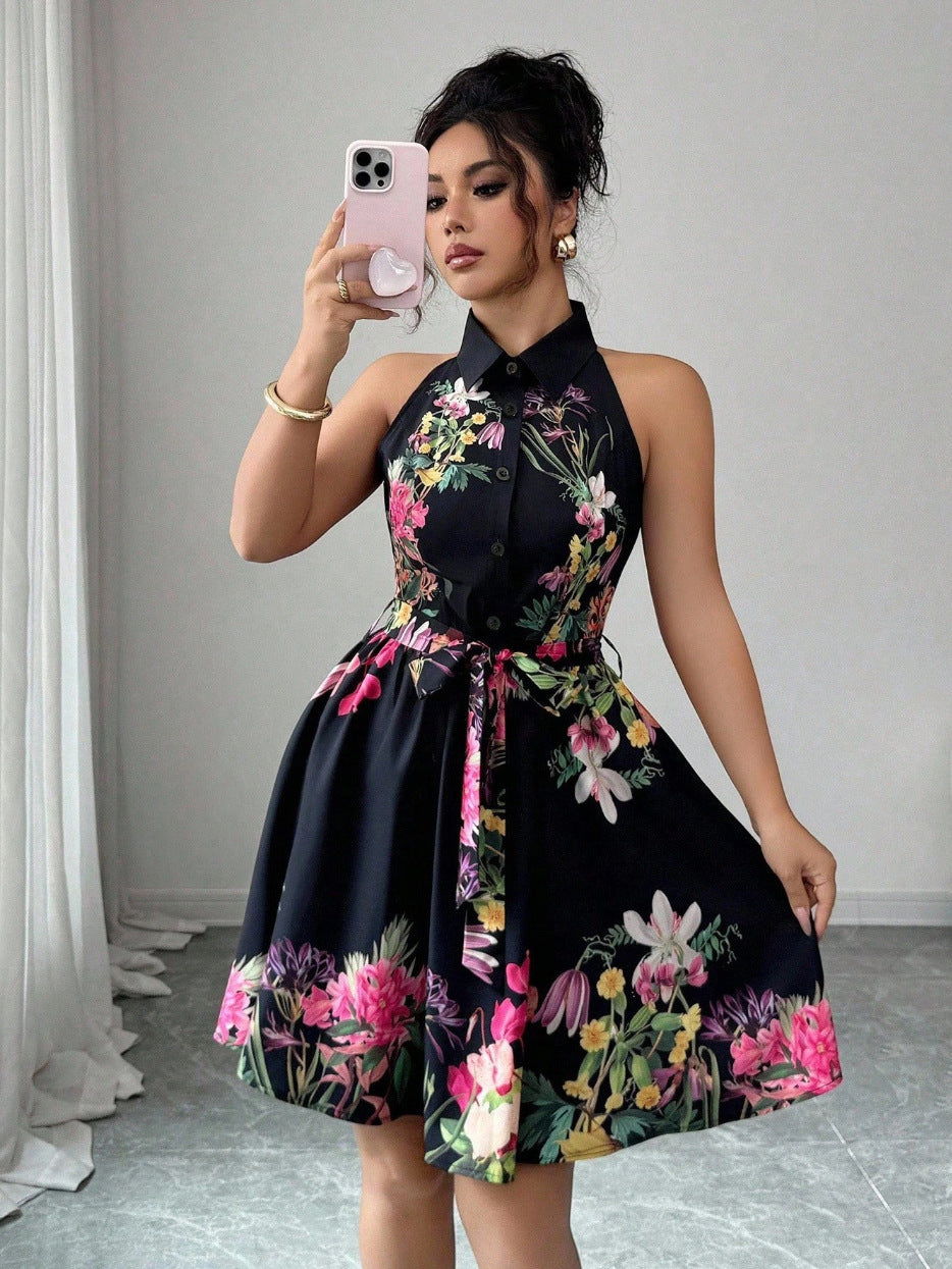 Women's Casual Printed Waist-Cinching Halter-Neck Lace-Up Dress
