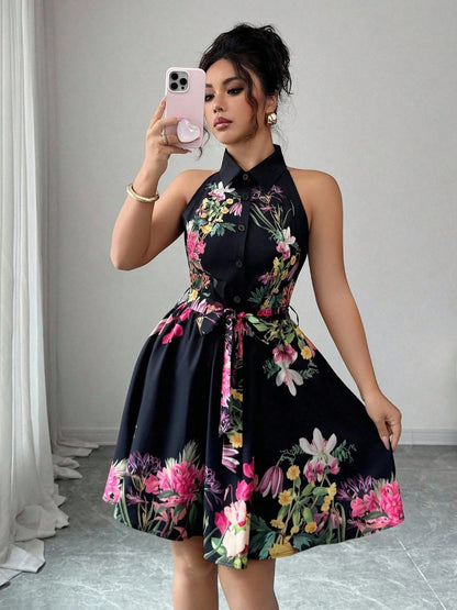 Women's Casual Printed Waist-Cinching Halter-Neck Lace-Up Dress