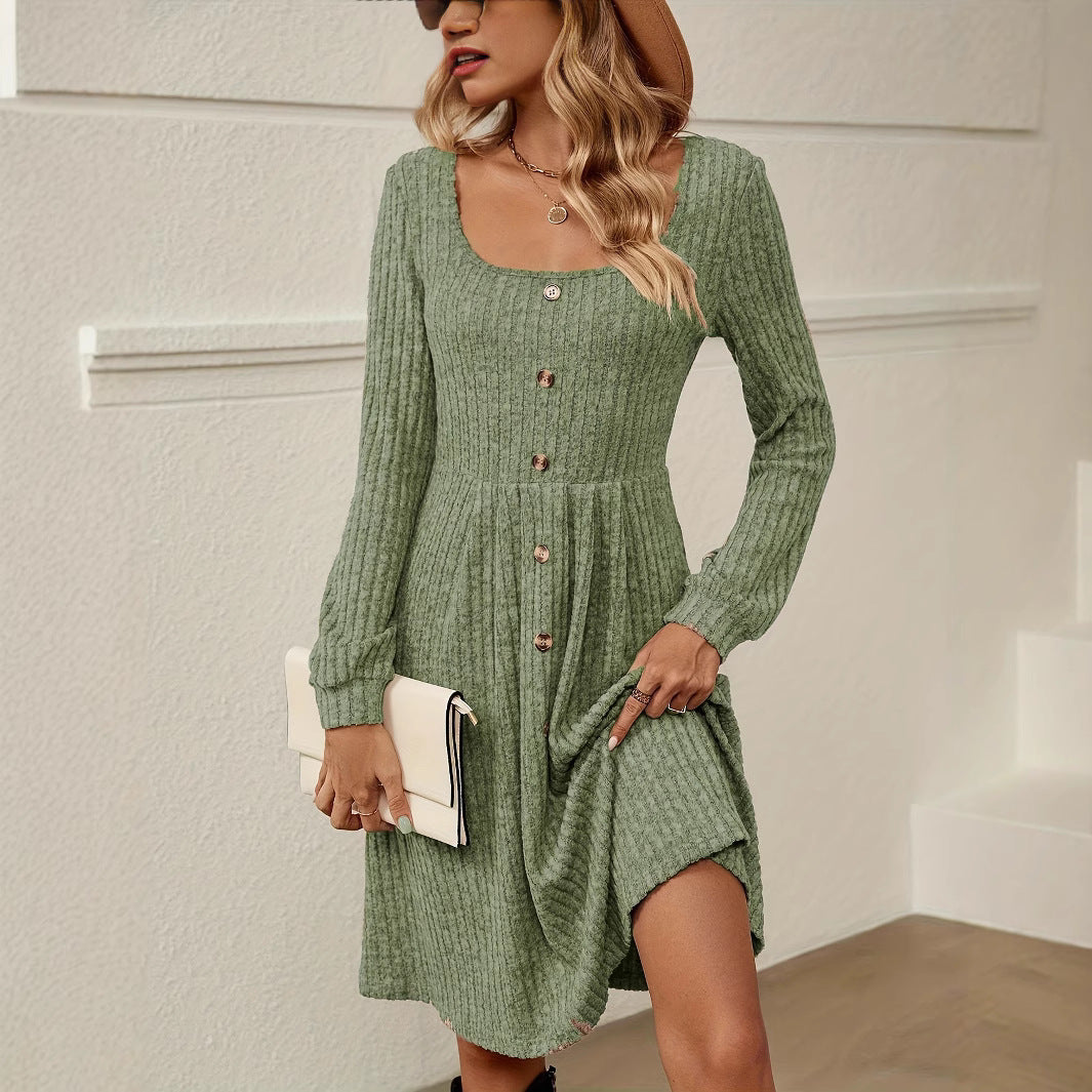 Women's Casual Fashion Loose Solid-Color Ribbed Long-Sleeve Dress