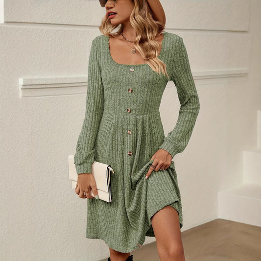 Women's Casual Fashion Loose Solid-Color Ribbed Long-Sleeve Dress