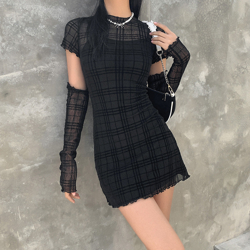 Elegant High-waist Body-hugging Plaid Three-piece Dress Set