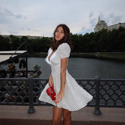 European And American-style Fashionable Women's V-neck Polka-dot Printed Dress