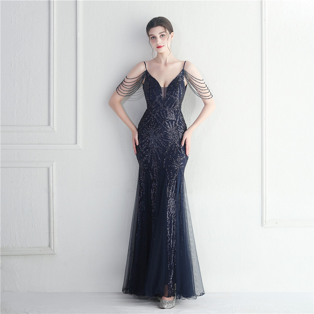 Mesh Beaded Dinner Long Camisole Evening Gown