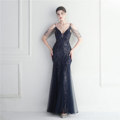 Mesh Beaded Dinner Long Camisole Evening Gown