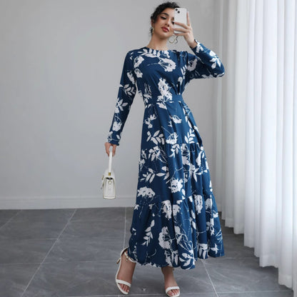 Blue Long-sleeved Round-neck Waist-tied Slim-fit Printed Midi Dress