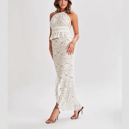 Women's New Sexy Backless Irregular Top With Lace And European-American Skirt Set