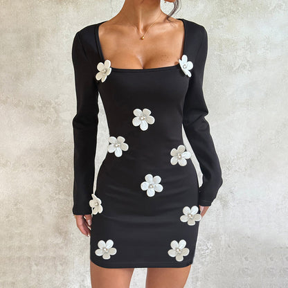 Autumn And Winter New Sexy Babe 3D Floral Long Sleeve Dress