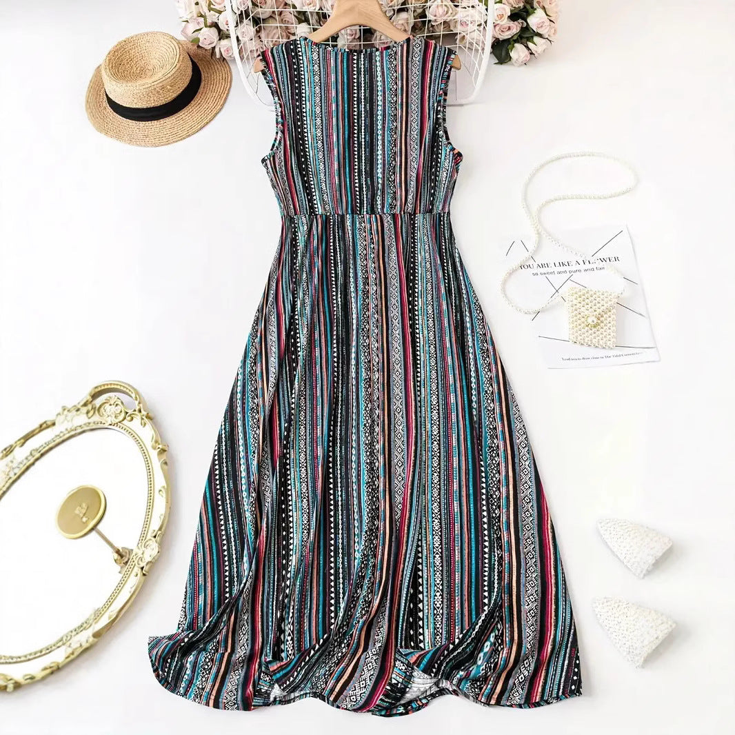 Striped Print V-neck Sleeveless Dress