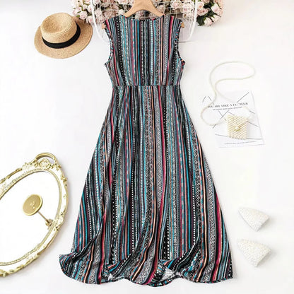 Striped Print V-neck Sleeveless Dress